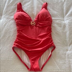 Michael Kors Coral One Piece Swimsuit with Plunging Neckline